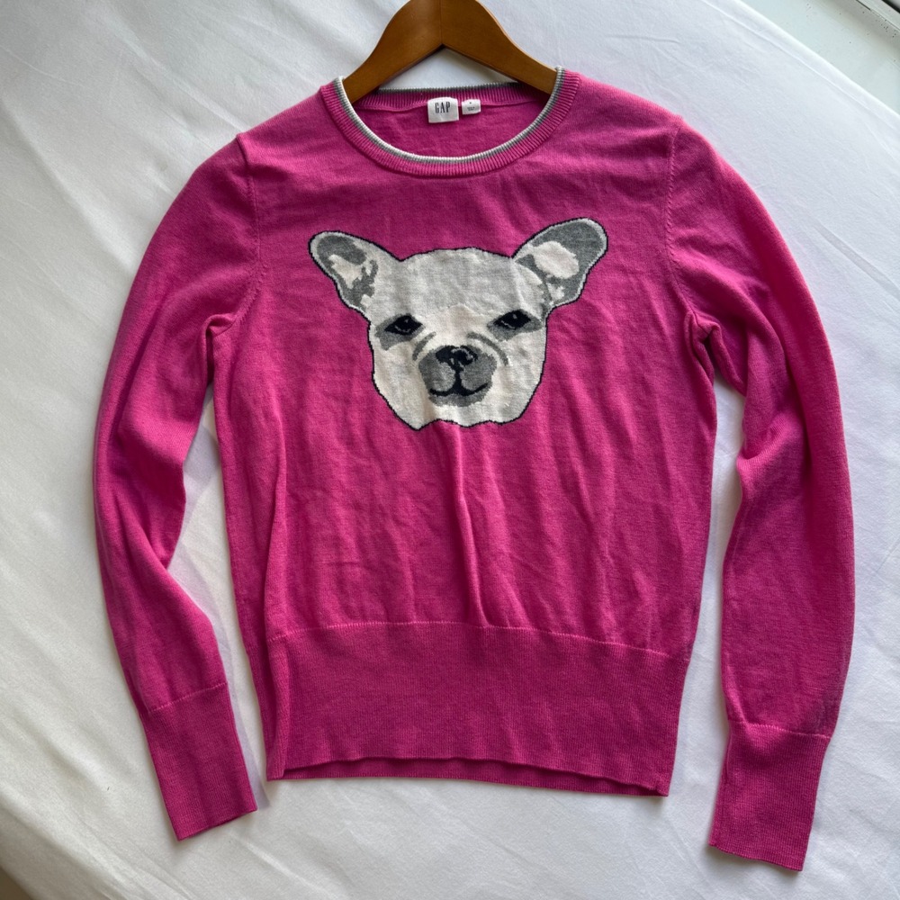 Gap Pink Bulldog Puppy Intarsia Knit Crew Neck Sweater Small Y2K Coquette Cutesy